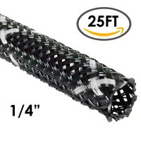 1/4" PET High Flame Retardant Expandable Braided Sleeving - Black w/White Tracer - 25FT