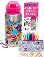 Color Your Own Water Bottle for Girls with 10 Bright Markers, Rhinestone Gem Stickers Plus a Bonus Pencil Case! BPA Free Kids Water Bottle! Cute Gift for Girl, Fun DIY Art and Craft Set for Children
