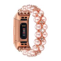 fastgo Compatible with Fitbit Charge 3/Charge 3 SE Band, Handpicked Artificial Pearl Elastic Jewelry Glitter Bracelet Dressy Replacement Strap Small Large Wristband for Women Girls (Pink)