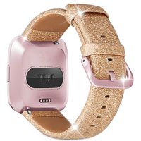 iHillon Compatible with Fitbit Versa/Versa 2/Versa Lite/SE Bands, Glittering Soft TPU Shiny Bling Genuine Leather Straps Quick Release Wristbands for Women Men (Glistening Gold)