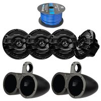4X Kicker 6.5" Dual Marine Black Weather-Proof Speakers Tower Enclosures, 4X Kenwood 6.5" 2 Way Marine Black 150W Speaker System, Enrock Audio Marine 50 Foot 16-Gauge Speaker Wire