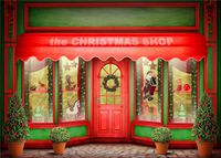 7X5FT Red Christmas Gift Shop Photography Background Display Window Christmas Tree Garland New Year Party Holiday Banner Backdrops Kid Baby Child Xmas Vinyl Background Photo Shoot Studio Props
