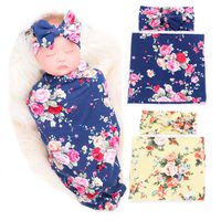 Galabloomer Newborn Receiving Blanket Headband Set Flower Print Baby Swaddle Receiving Blankets (Yellow Navy Blue Pack Two)