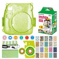 Fujifilm Instax Mini Twin Pack Instant Film (20 Exposures) + Hard Glitter Case + Scrapbooking Album + Striped Strap + Camera Sticker + Lens Filters + 20 Sticker Frames Travel Package (Lime Green)