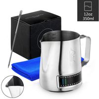 Stainless Steel Milk Frothing Pitcher With Integrated Thermometer, 12oz/350ml Milk Coffee Cappuccino Latte Art Frothing Pitcher Barista Milk Jug Cup, Measurements on Both Sides Include Art Pen & Cloth