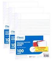 Mead Loose Leaf Paper, Filler Paper, Reinforced, College Ruled, 100 Sheets, 10-1/2" x 8", 3 Hole Punched, 3 Pack (38037)