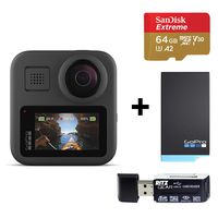 GoPro MAX - Waterproof 360 + Traditional Camera with Touch Screen Spherical 5.6K30 HD Video 16.6MP 360 Photos 1080p with Spare GoPro Max Battery, Sandisk 64GB Memory Card, and Ritz Gear Card Reader