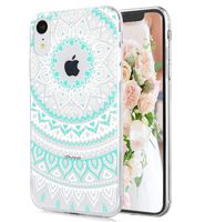 TRENSOM iPhone XR Case Cute Lace Paisley Floral White Cyan Mandala Pattern Clear IMD Hybrid Hard TPU Shockproof Phone Cases for Women Girls[6.1"]