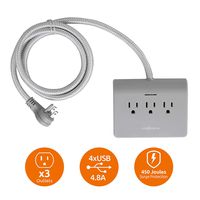 Link2Home EM-TXC202B Surge Protector, 5ft Extension, 3 Outlets Strip, 4 Ports, 4.8A USB, Braided Cable with Low Profile Plug, Grey Fabric Cord Power Dock 1pk