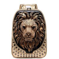 GUQIMEI Mens 3D Lion PU Emboss Rivet Punk Backpack Rock Personality Laptop Bag Creative Travel Leisure (Gold)