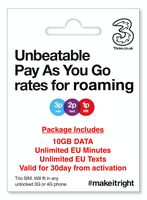 European (UK Three) Holiday SIM/Roaming SIM inc 10GB Data, Unlimited European Minutes & Texts. Use Data in 71 Destinations Around The World.