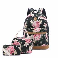 Lmeison Backapck for Teens, Cute Backpack Set Canvas School Bookbag for 14inch Laptop, 3 in 1 Floral Travel Daypack with Lunch Bag Clutch Purse for Women Girls