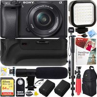 Sony 6500 4K Mirrorless Camera Body Bundle with 16-50mm Power Zoom E-Mount Lens, 64GB Memory Card, Camera Backpack, Shotgun Microphone, LED Light, Power Grip and Accessories (14 Items)