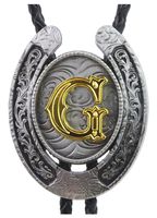 Moranse Bolo Tie Golden Initial Letter A to Z In Western Cowboy Horseshoe Style with Cowhide Rope Necktie(G)