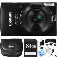 Canon PowerShot ELPH 190 is Digital Camera with 10x Optical Zoom Black Bundle with 64GB Memory Card, Replacement Battery, Camera Case, Table-top Tripod and Accessories (5 Items)
