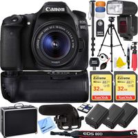 Canon 1263C005 EOS 80D 24.2 MP CMOS DSLR Camera with EF-S 18-55mm f/3.5-5.6 Lens Bundle with 2X 32GB Memory Card, 3X Battery, Flash, Microphone, 1 Year Extended Warranty and Accessories (15 Items)