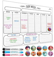 Dry Erase Weekly Calendar - Weekly Dry Erase Board - Magnetic Weekly Planner - Stain Resistant Nano Technology - Bonus 3 Fine Tip Magnetic Markers and Eraser, 10 Highlight Icons, 16 inch x 12 inch