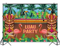 Funnytree 8x6ft Durable Fabric Summer Luau Party Backdrop No Wrinkles Flamingo Tropical Hawaiian Beach Photography Background Wooden Sculpture Flamingle Sea Palm Birthday Decor Photo Booth Props