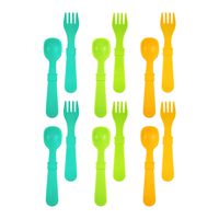 Re-Play Made in USA 12pk Toddler Feeding Utensils Spoon and Fork Set for Easy Baby, Toddler, Child Feeding - Aqua, Lime, Sunny Yellow (Aqua Asst.) 6 Spoons/6 Forks