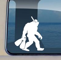 Bigfoot Sasquatch Snorkeling - Vinyl 5" tall (color: WHITE) decal laptop tablet skateboard car windows sticke