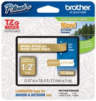 Genuine Brother 1/2" (12mm) White on Satin Gold TZe P-touch Tape for Brother PT-D210, PTD210 Label Maker