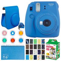 Fujifilm instax Mini 9 Instant Film Camera (Cobalt Blue) + Fujifilm Instax Mini Twin Pack Instant Film + 20 Sticker Frames Solar Package + Scrapbook Album + Case with Closure + Colored Filters + More