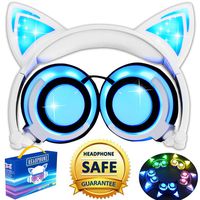 Cat Headphones, Kids Cat Ear Headphones for Girls Boys Toddler, Cat Ear Headphones with Lights Up Foldable Wired Over/On Ear Gaming Headsets for Musical Christmas Holiday Birthday Gift-Blue
