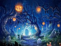 RBabyPhoto 7X5FT Halloween Horror Night Backdrop All Saints' Day Pumpkin Lamps Haunted Castle Tombstone Hallowmas Photography Background Trick Treat Masquerade Photo Studio Props Vinyl CK58