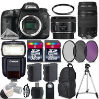 Canon EOS 7D Mark II DSLR Camera + 50mm 1.8 STM Lens + Canon 75-300mm Lens + Canon Speedlite 430EX III RT + 64GB Storage + Backup Battery + UV-CPL-FLD Filters + UV Filter - International Version