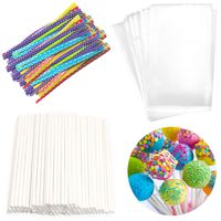Lollipop Cake Pop Treat Bag Set Including 100pcs Parcel Bags, 100pcs Papery Treat Sticks, 100pcs Colorful Metallic Twist Ties for Making Lollipops, Cake Pops, Candies, Chocolates and Cookies