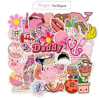 Lesgos Waterproof Vinyl Stickers for Water Bottle Phone Laptop Skateboard Bicycle Guitar Luggage Back to School for Girls and Boys, 50 Pcs, Pink Daddy Style