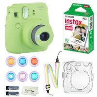 Fujifilm Instax Mini 9 Instant Camera (Lime Green) + 10 Fuji Instant Film Sheets + Convenient Instax Clear Case W/ Rainbow Strap + 6-Color Lenses & More