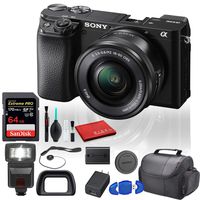 Sony Alpha a6100 Mirrorless Digital Camera (ILCE6100L/B) with 16-50mm Lenses with Flash, 64GB Memory Card, Padded Bag, and More - Beginner Bundle