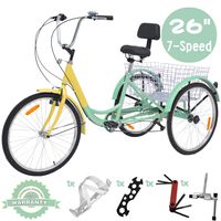 VANELL 7/1 Speed Tricycle Adult 20/24/26 in Trike Cruise Bike 3 Wheeled Bicycle W/Large Size Basket for Women Men Shopping Exercise Recreation (Cyan-Yellow, 7 Speed - 26")