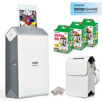 Fujifilm Instax Share Smartphone Printer SP2 (Silver) + Fuji Instax Mini Twin Pack Instant Film (60 Sheets) + Premium Protective Case + Microfiber Cleaning Cloth - Mega Value Instant Printer Bundle