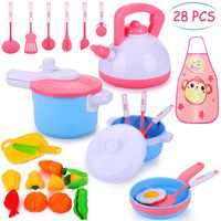 Auney 28Pcs Kids Kitchen Pretend Play Accessories Toys, Cooking Set, Pots and Pans, Cookware Playset, Healthy Cutting Vegetables, Knife, Utensils, Learning Toys for Girls, Boys, Toddlers