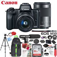Canon EOS M50 Mirrorless Digital Camera Black with EF-M 15-45mm & 55-200mm Lenses Bundle with 32GB Memory Card, Dual Battery, Shotgun Microphone, Backpack, Tripod and Accessories (15 Items)