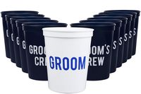 Groom and Grooms Crew Bachelor Party Cups, Set of 12 Blue and Red 16oz Stadium Cups, Buy Him A Beer The End is Near, Perfect Bachelor Party Decoration (White)