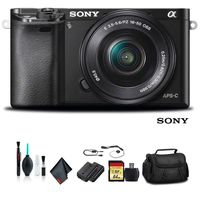 Sony Alpha a6000 Mirrorless Camera with 16-50mm Lens Black with Soft Bag, Tripod, Additional Battery, 64GB Memory Card, Card Reader, Plus Essential Accessories