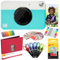Kodak Printomatic Instant Camera (Blue) Art Bundle + Zink Paper (20 Sheets) + 8x8 Cloth Scrapbook + 12 Twin Tip Markers + 100 Border Stickers + 6 Decorative Scissors + Washi Tape