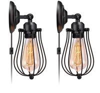 Licperron Wire Cage Wall Sconce Plug in Industrial Wall Light E26 Base Vintage Style Plug in Sconce Fixture for Headboard Bedroom Garage Porch 2 Pack