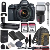 Canon EOS 6D Mark II Wi-Fi DSLR Camera Body with EF 24-105mmF3.5-5.6 IS STM Lens - Pro Battery Grip, TTL Flash, Canon Pro Backpack, 128GB Memory, LP-E6N Replacement Battery, 72" Monopod, RC-6 Wireless