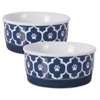 DII Bone Dry Lattice Ceramic Pet Bowl for Food & Water with Non-Skid Silicone Rim for Dogs and Cats (Small - 4.25" Dia x 2"H) Nautical Blue - Set of 2