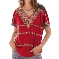 QQ1980s Women's Summer Boho Embroidered V Neck Short Sleeve Casual T-Shirt Tops Loose Blouse