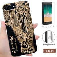 Wood Phone Case Compatible with iPhone 8Plus, 7Plus, 7Plus, 6s Plus and Screen Protector-iProductsUS Personalized Cases Engraved Elephant and Name, Metal Plate Built-in, TPU Shockproof Cover (5.5")