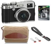 Fujifilm X100F 24.3 MP APS-C Digital Camera - Silver, Bundle Kit with Fujifilm F-5XB Shoulder & Belt Canvas Camera Bag + 128GB SD Card + Peak Design Camera Cuff Wrist Strap