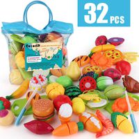 Sotodik 32PCS Cutting Toys Pretend Food Fruits Vegetable Playset Educational Learning Toy Kitchen Play Food for Boy Girl Kid with Handbag Packing (Bule)