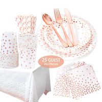 202 Piece Rose Gold Party Supplies Set | Disposable Dinnerware Set | Polka Dot | Services 25 with Rose Gold Cutlery Includes Plastic Knives, Spoons, Forks, Paper Plates, Napkins, Cups, straw,Tableclot