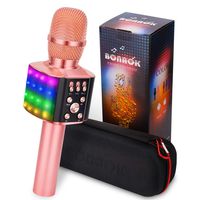 BONAOK Wireless Bluetooth Karaoke Microphone with controllable LED Lights, 4 in 1 Portable Karaoke Machine Speaker for Android/iPhone/PC (Rose Gold)