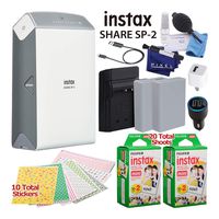 Fujifilm Instax Share Smartphone Printer SP-2 (Silver) Creative Polaroid Camera Kit with 20-Total Shoots, 10-Stickers, and Accessories Basic Film Bundle